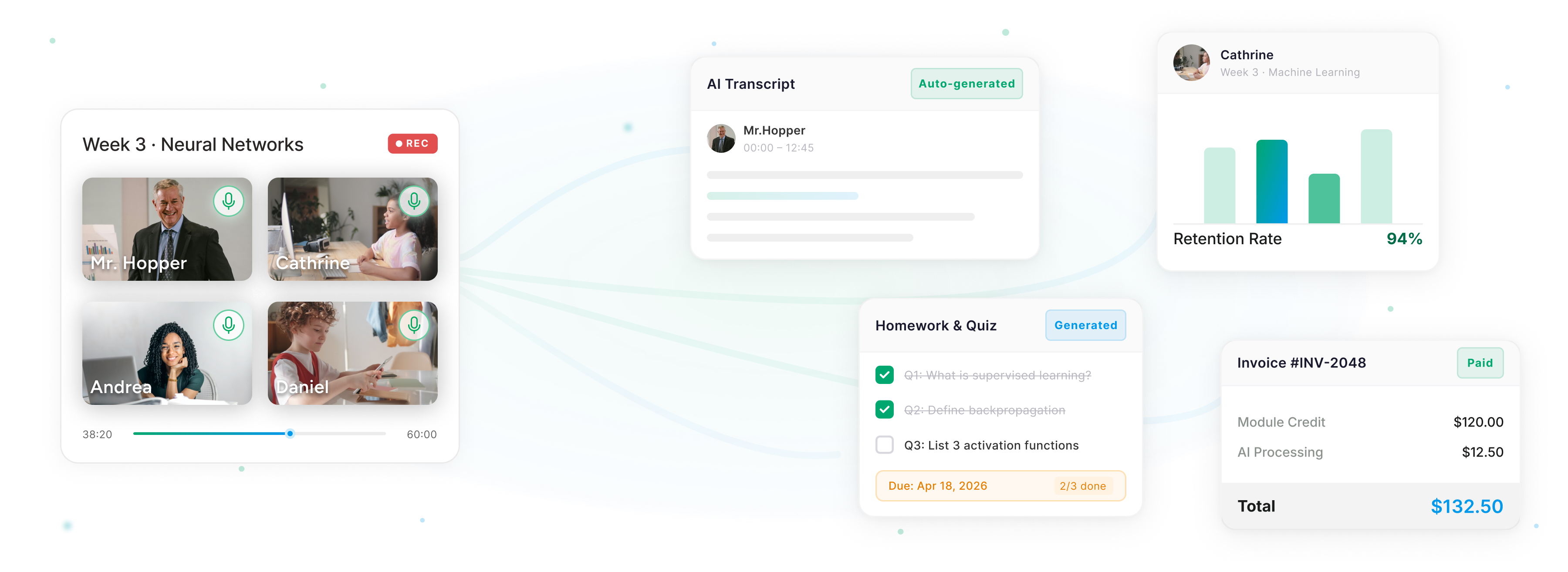 HiClass preview — session recording, AI transcript, retention, homework, and invoicing